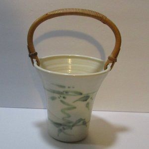 vtg abstract green branch leaves basket pottery signed vase holder bamboo handle